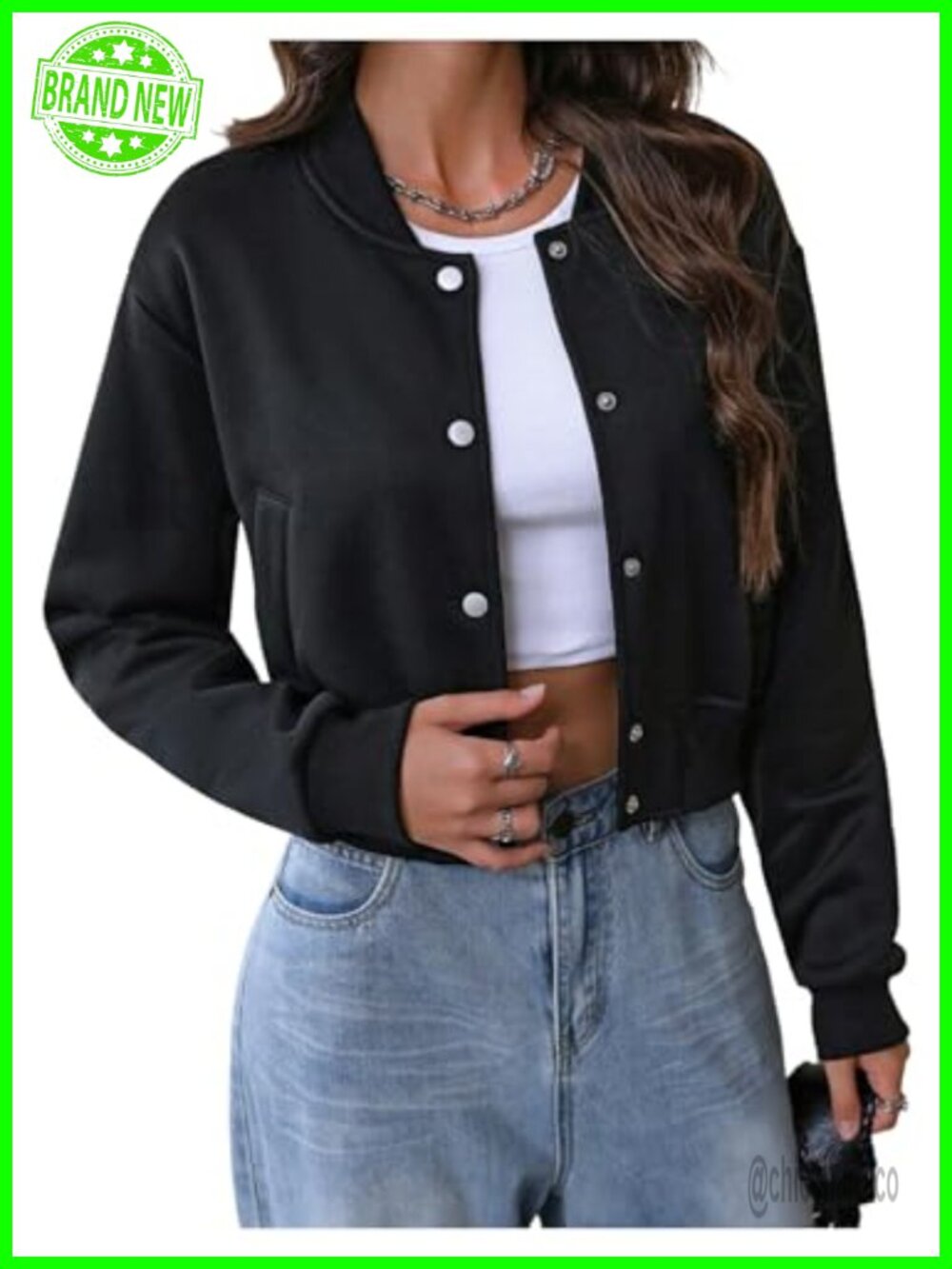 Women's Cropped Varsity Bomber Jacket Button Down Long Sleeve Streetwear
